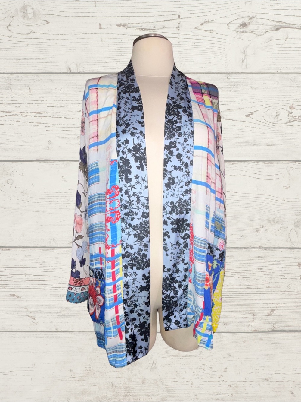John Mark Mixed Media Patchwork Blue Floral Open Front Sz M Kimono